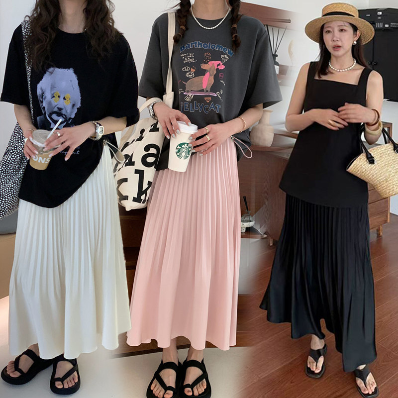 现优质孕妇醋酸缎面半身裙女夏季2026新款高腰A字百褶百搭中长裙