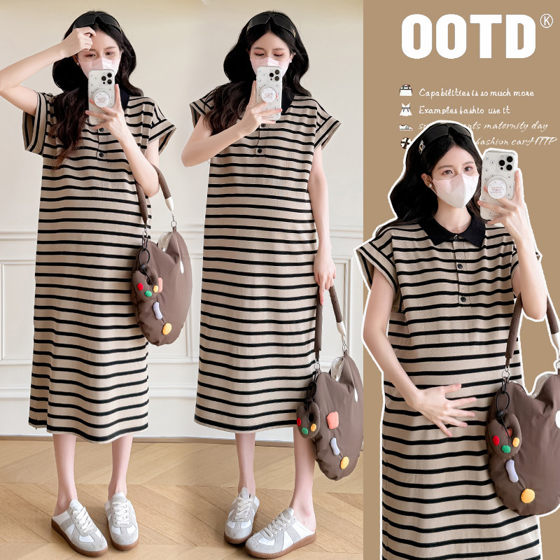 实拍 新品2026孕妇装夏季宽松大码减龄冰丝针织连衣裙条纹长裙