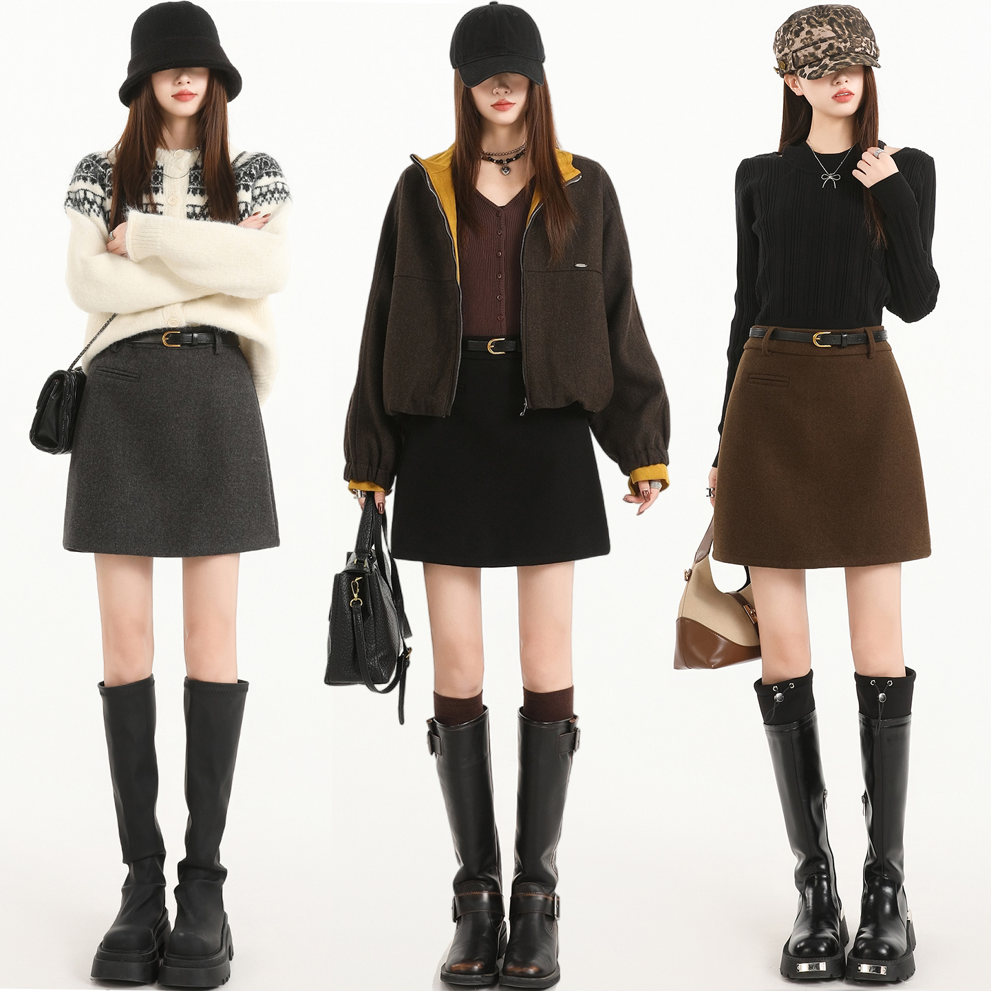 实拍 灰色毛呢a字半身裙女2025秋冬新款小个子加厚高腰包臀裙短裙