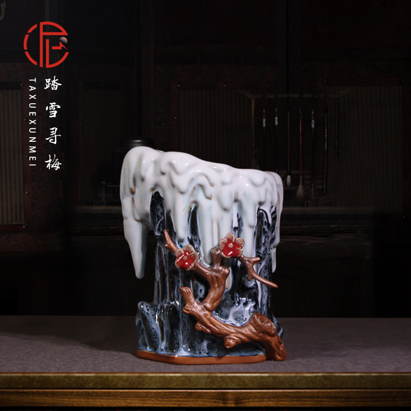 泥空空钧瓷踏雪寻梅笔筒摆件办公室陶瓷文房文具用品桌面毛笔筒礼