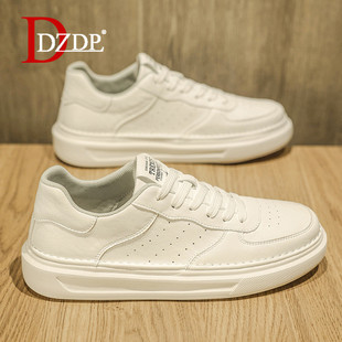 男鞋夏季2025新款时尚厚底鞋子纯色透气皮面小白鞋男百搭休闲板鞋