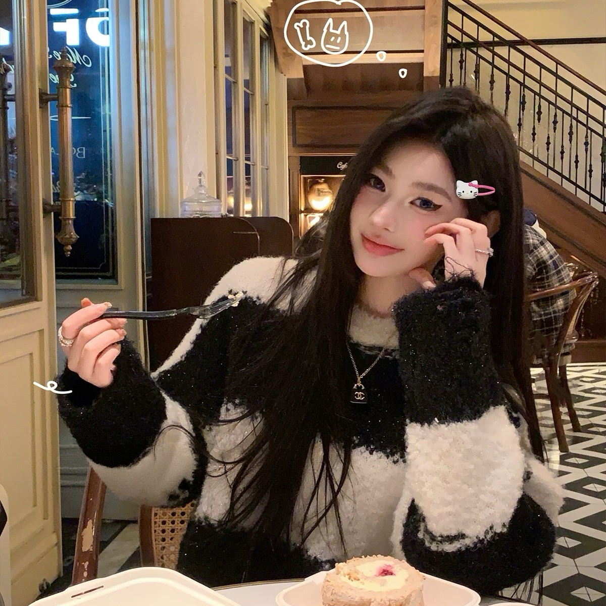 望野集Widset圣诞细闪黑白条纹毛衣冬慵懒高级宽松长袖针织12112#