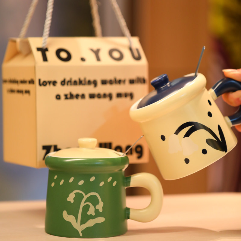 复古手绘马克杯创意个性男女喝水杯家用咖啡杯带盖勺陶瓷礼品杯子