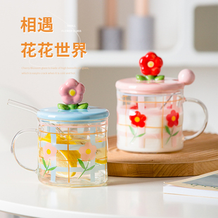 玻璃杯马克透明小带盖子配盖勺子的早餐杯子办公室女生高颜值水杯