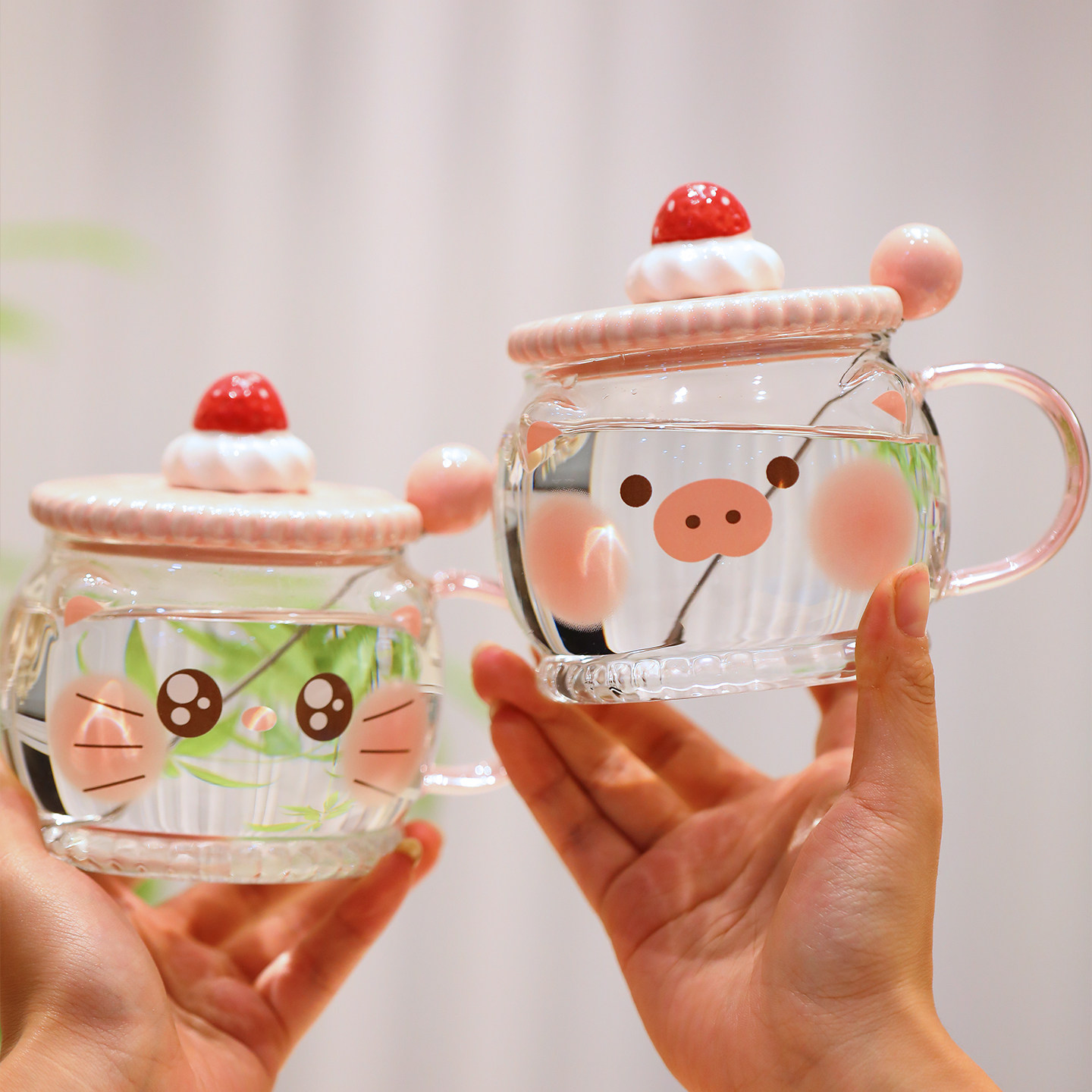 可爱饼干动物玻璃杯少女心带盖带勺透明水杯高颜值情侣网红马克杯