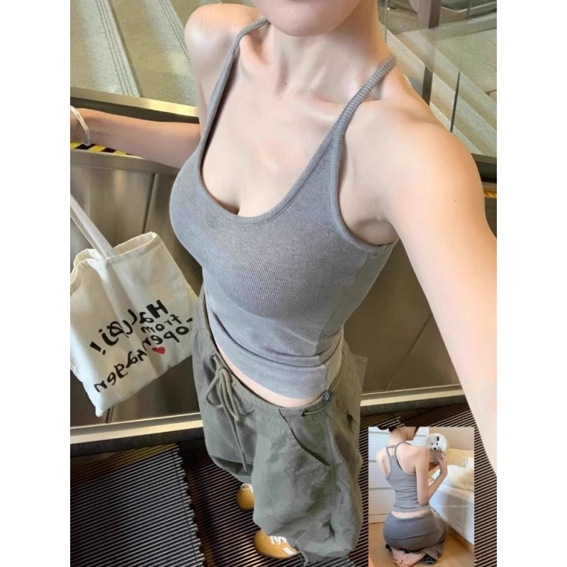 美式辣妹带胸垫吊带女夏季外穿性感U领挂脖背心打底上衣修身美背