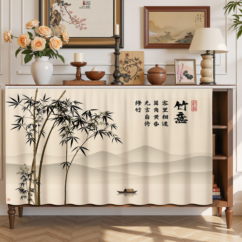 中式山水滑轨免打孔柜帘杂物柜鞋柜遮挡帘衣柜书柜防尘帘厨柜门帘