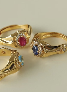 法式复古红宝石戒指女轻奢小众设计感高级食指戒黄铜镀真金蓝宝石