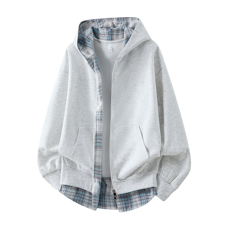 假两件连帽卫衣外套春秋季男女格子拼接美式宽松休闲开衫上衣卫衣