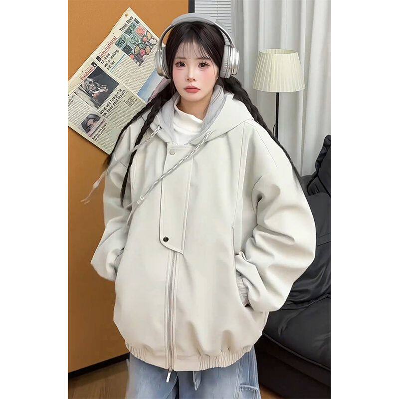 米白色皮毛一体pu皮衣夹克棉服男女冬季加绒保暖美式座山雕外套潮