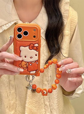 苹果HelloKitty卡通可爱风仿皮保护壳韩版卡通皮纹橙色KT猫iPhone14/13适用苹果17pro/16/15PROMAX手机壳防摔