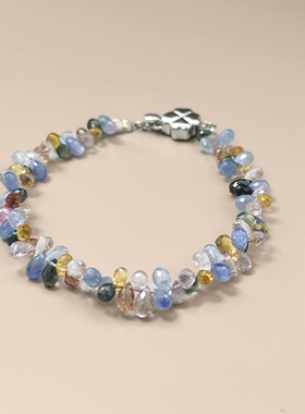 印度进口天然高品质彩色蓝宝石水滴切面珠925银扣DIY手链