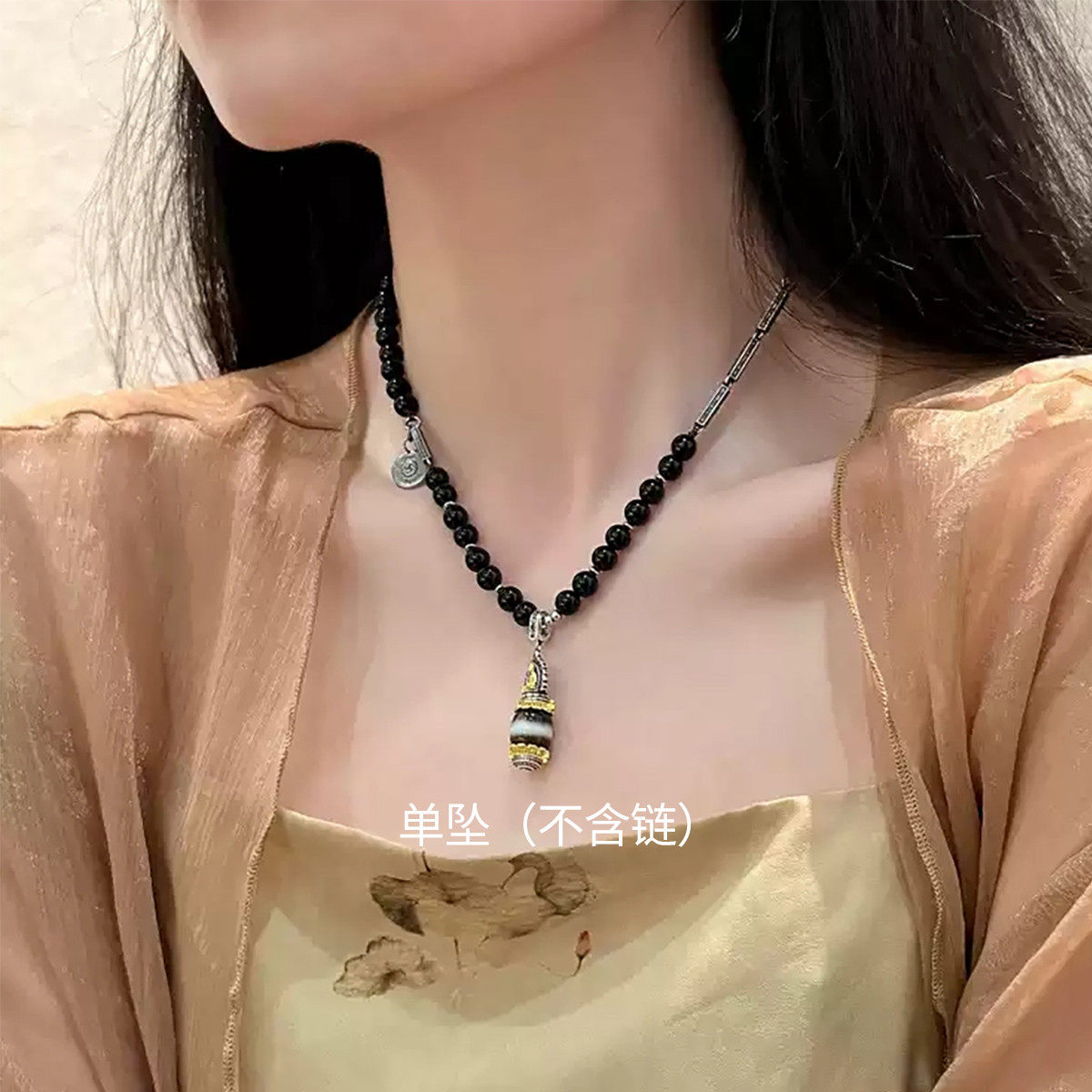 925银玛瑙黄财神吊坠女单坠挂件时尚百搭气质个性简约项坠饰品