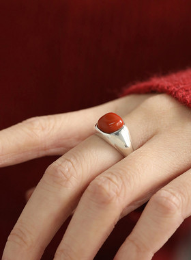 925银南红玛瑙方形戒指2025年可调节小众文艺指环国风新中式饰品