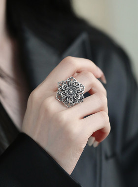 925银复古花朵镂空戒指2025可调节指环小众设计感百搭饰品