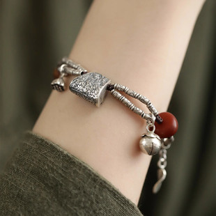 925银手链肌理福牌莲花铃铛琥珀蜜蜡树叶复古国风新中式 小众礼物