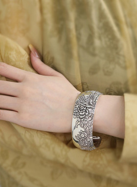 999足银牡丹花国潮风手镯足银手镯新中式银镯子实心錾刻手环