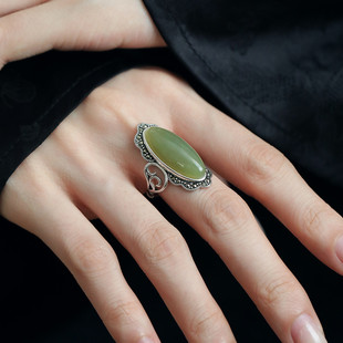 925银蛋面和田玉花边戒指女2025年国风新中式高级感指环饰品