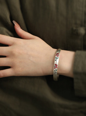 足银999珐琅花朵开口手镯2025民族风新中式文艺实心镯子手环礼物