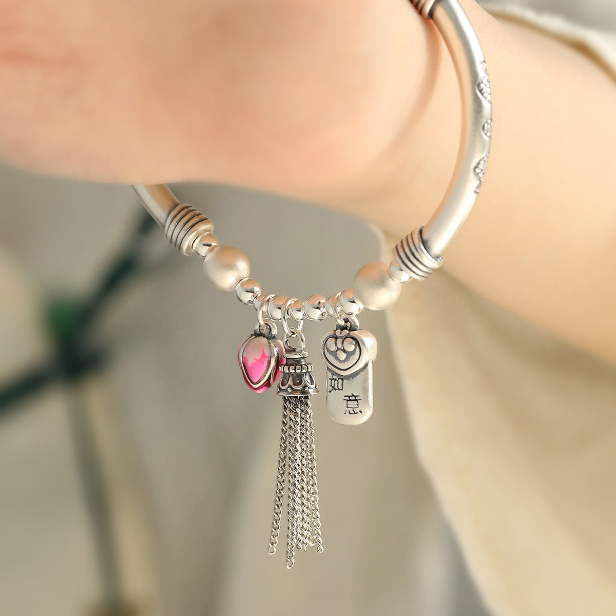 足银如意猫咪手链饰品设计感2025年复古民族风新中式手环时尚百搭