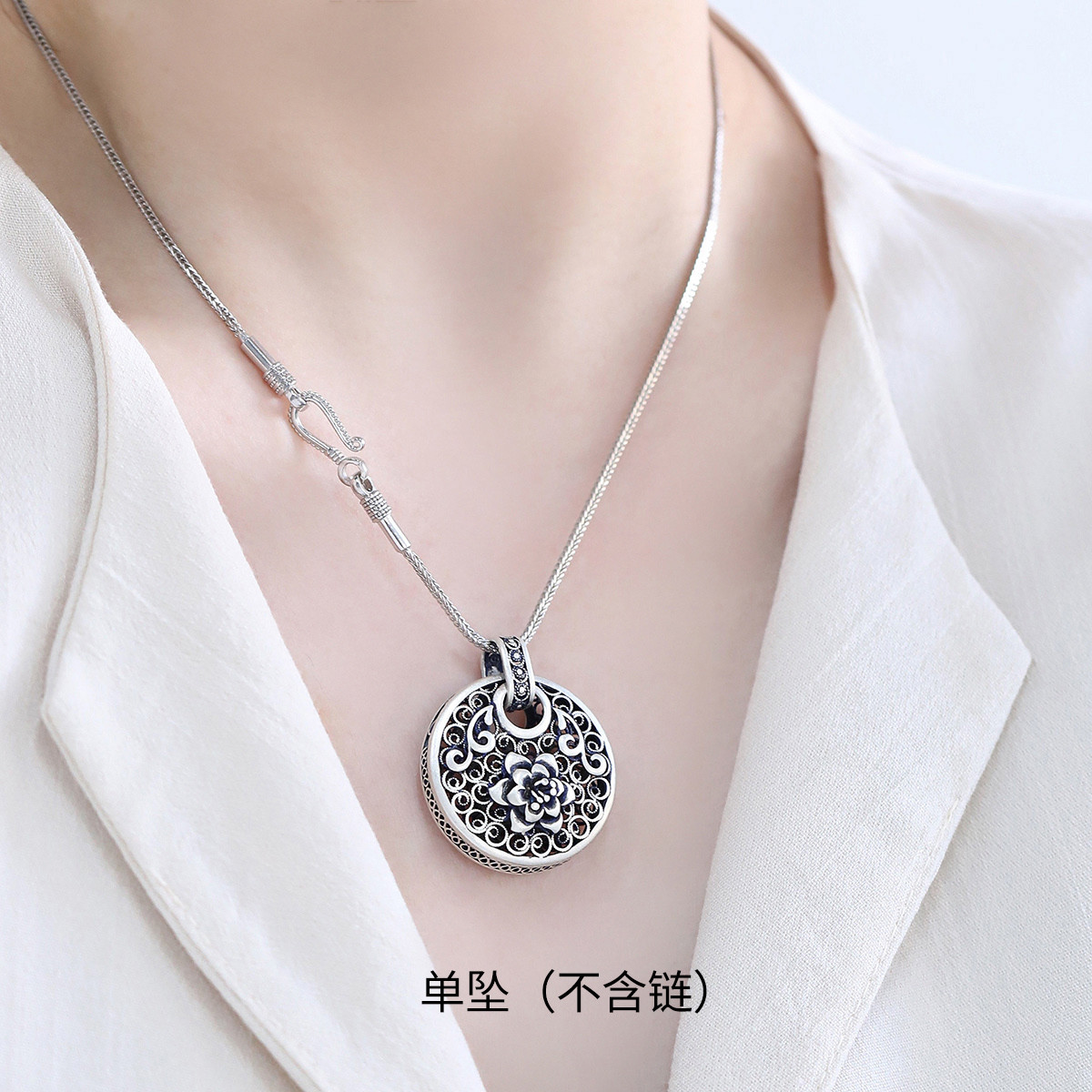 足银吊坠女优雅复古做旧镂空花丝牡丹富贵花开女款项坠礼物