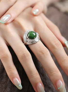 925银和田玉圆形国潮风戒指女小众设计新中式指环食指高级感尾戒