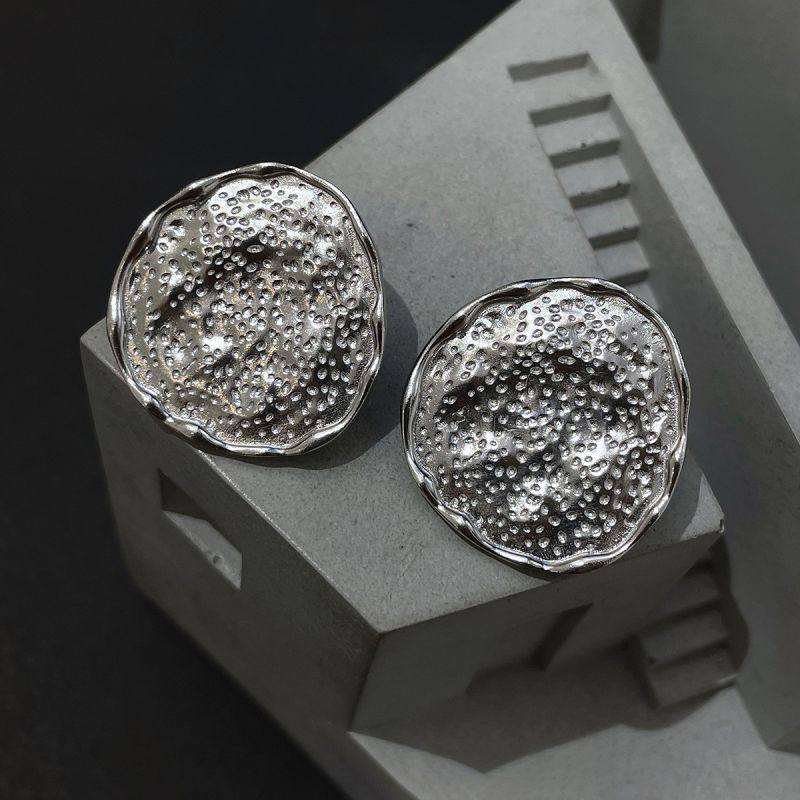 S925纯银复古国风肌理不规则饼干耳钉女小众气质新中式民族风耳饰