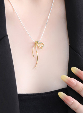 925银蝴蝶结项链女休闲风锁骨链女轻奢高级感小众设计链子毛衣链