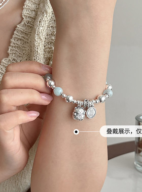 925银绿柱石圆珠吉言猫咪手链女国风新中式百搭手串饰品小众设计