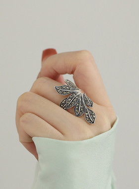 925银树叶戒指可调节指环女食指复古国风设计高级感小众百搭指环