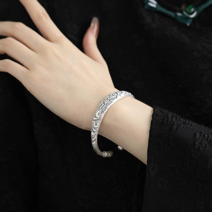 足银牡丹花民族风手镯足银手镯复古银镯子999錾刻镯子手环