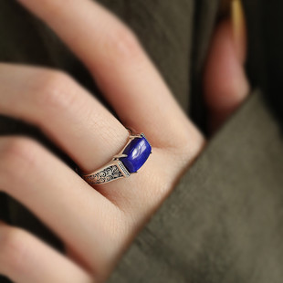 925银青金石方形戒指女复古卷草纹可调节指环国风新中式百搭饰品