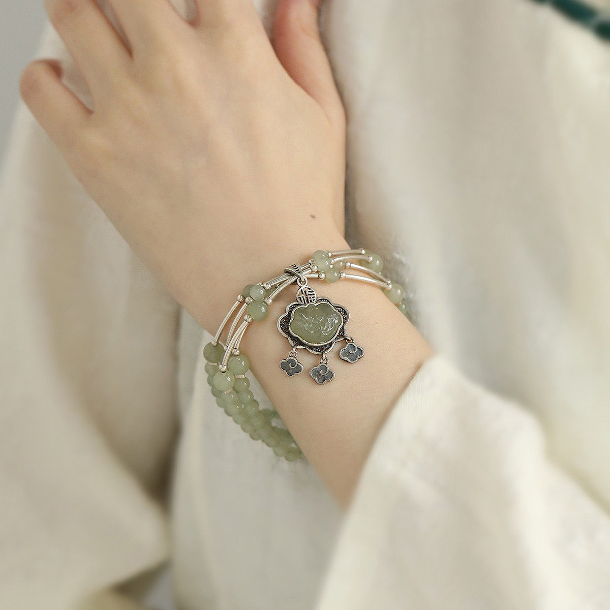 925纯银和田玉珠珠如意坠子手链新中式民族风轻奢高级感手串首饰