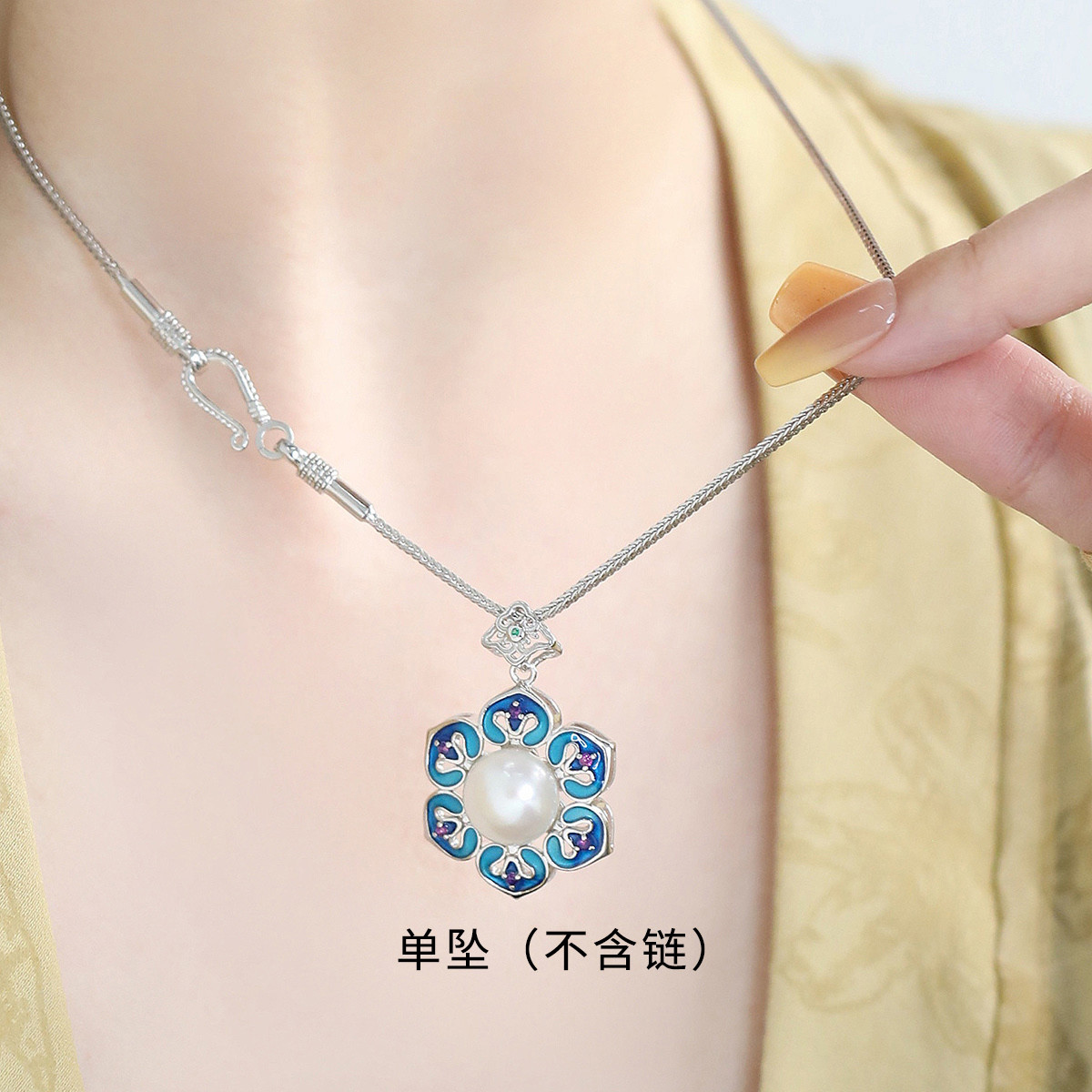 925银珐琅花朵珍珠吊坠女时尚个性高级民族风项坠饰品小众设计