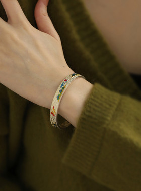 足银999祥云蝴蝶珐琅开口手镯女小众百搭民族风实心镯子手环礼物