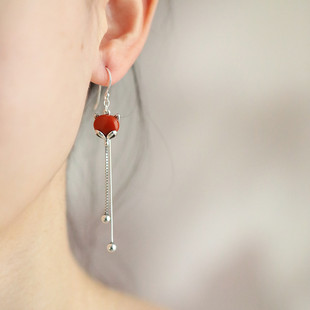 925纯银南红玛瑙狐狸耳钩耳环长款流苏国风新中式百搭耳饰显脸瘦