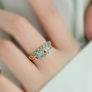 足银民族风牡丹花戒指女2025指环高级感尾戒新中式指环小众设计