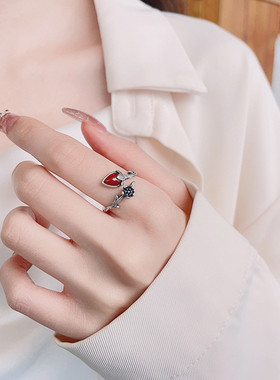 925银复古做旧花朵枝叶设计感南红玛瑙气质开口戒指女中式设计感