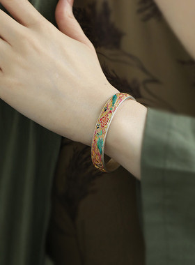 足银999珐琅如意描金开口手镯女国风新中式小众设计实心镯子饰品