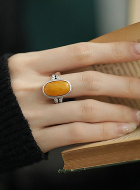 925银复古国风琥珀蜜蜡麦穗民族风戒指女小众设计指环食指高级感