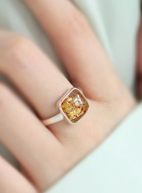 925银方形琥珀戒指女国风新中式轻奢高级感小众设计指环饰品