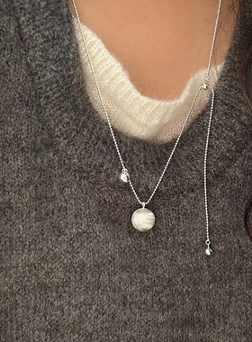 925银极简风拉丝珠珠项链女时髦个性抽拉式长款小众设计毛衣链