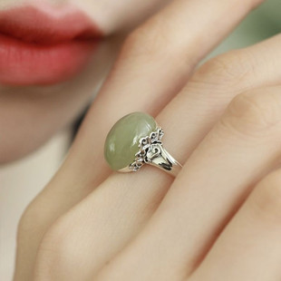 925银复古轻奢和田玉民族风祥云戒指女小众设计新中式国风食指戒