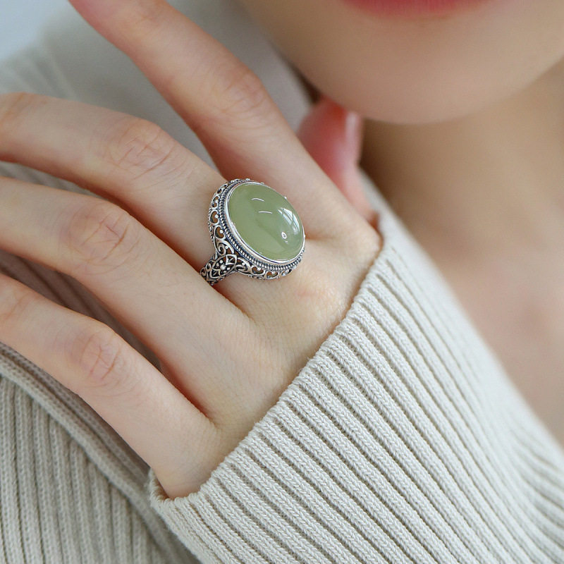 925纯银复古国风和田玉镂空蛋面戒指女新中式民族风小众设计指环