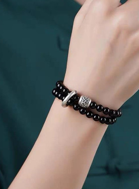 999足银黑曜岩平安扣国潮风双层手串手链女高级感