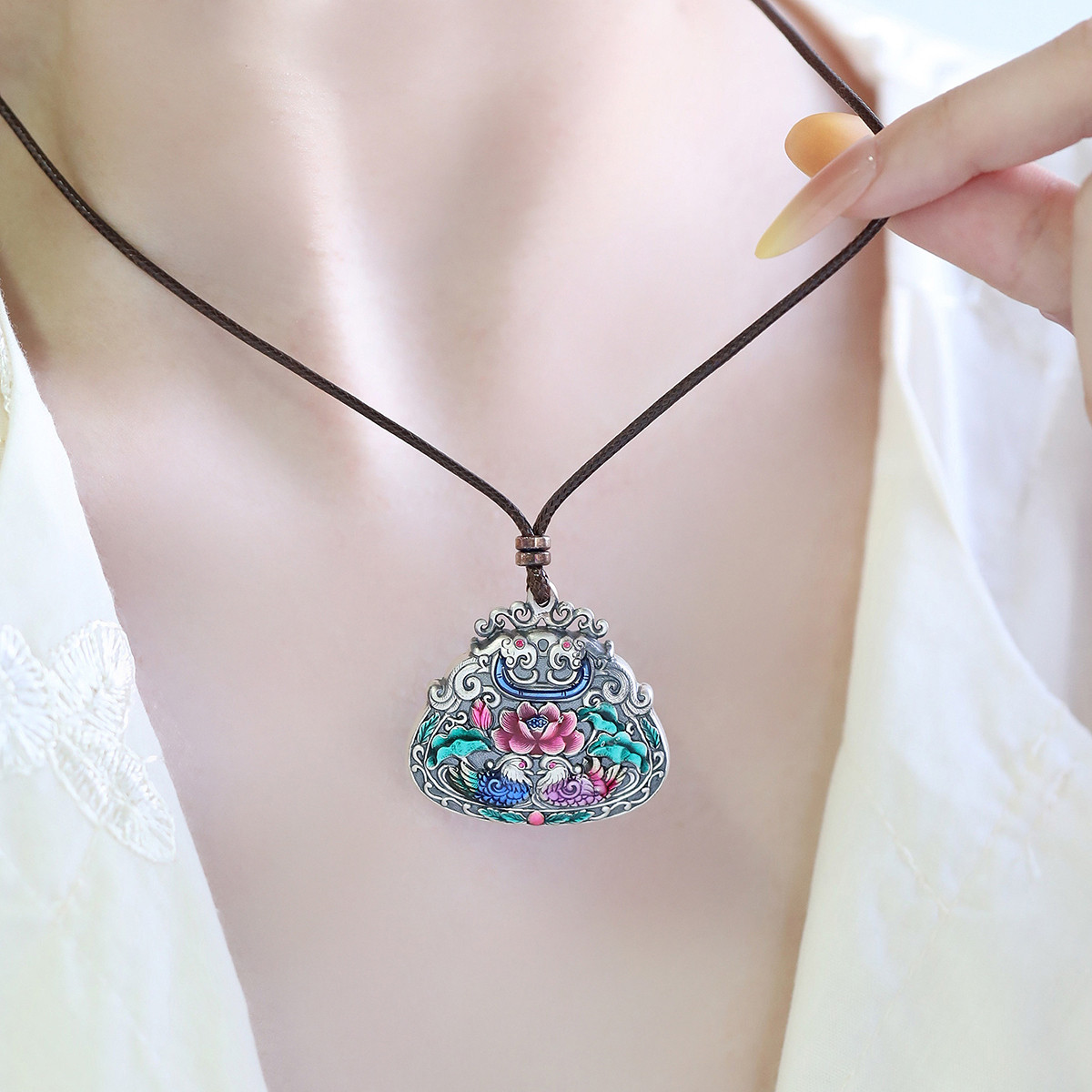 999足银鸳鸯民族风项链锁骨链女轻奢高级感小众设计毛衣链