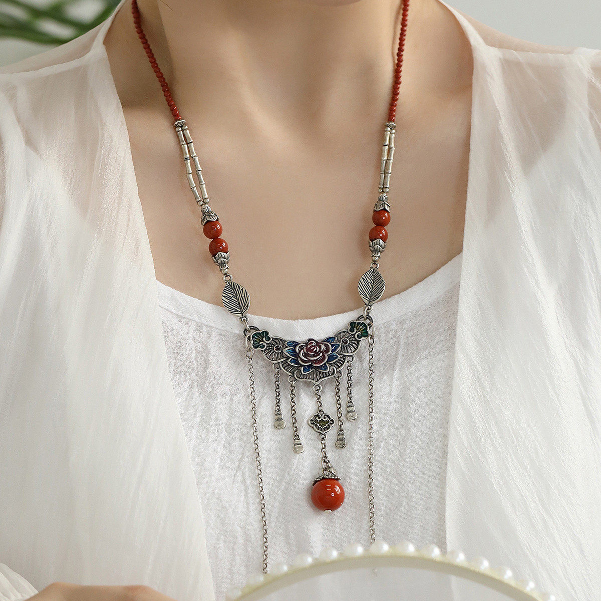 S925纯银新中式民族风莲花叶子南红玛瑙如意锁项链女复古国风小众,饰品/流行首饰/时尚饰品新,项坠/吊坠,淘宝优惠券,粉丝福利购,淘宝优惠卷