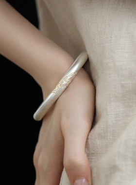 足银999古法描金花叶圆棍空心手镯民族风圆圈新中式镯子复古饰品