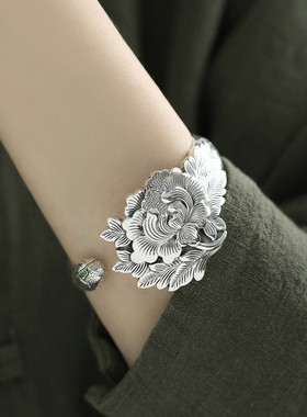 足银999牡丹花复古国风开口手镯女2025小众设计新中式实心镯子