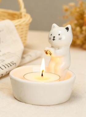 可爱猫咪陶瓷茶烛台桌面摆件